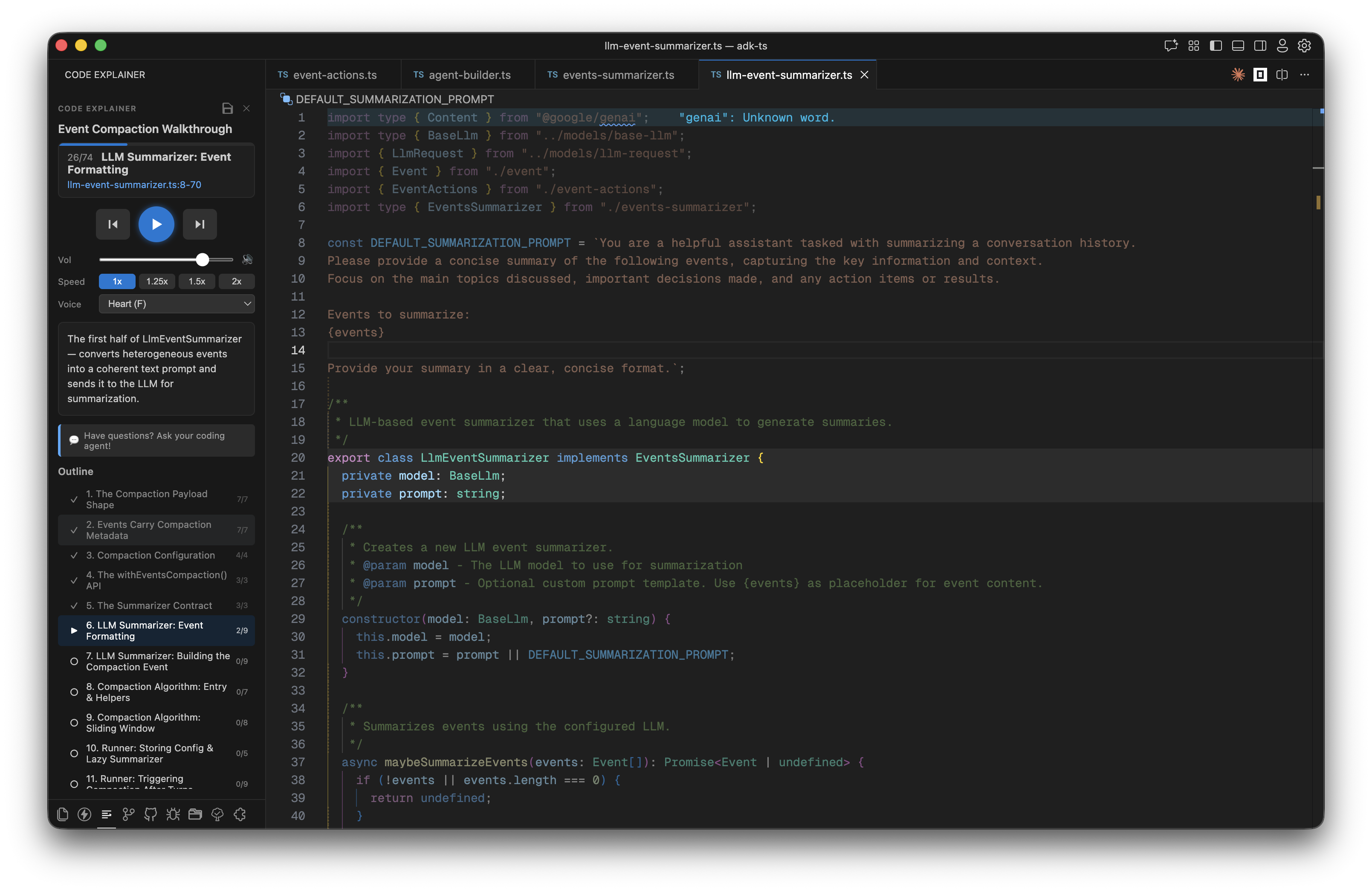 Code Explainer running inside VS Code — adk-ts codebase walkthrough