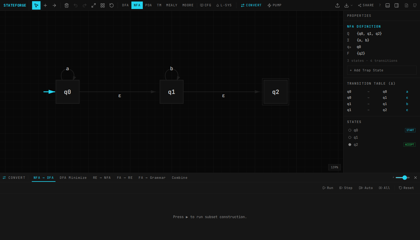 NFA to DFA conversion panel in StateForge