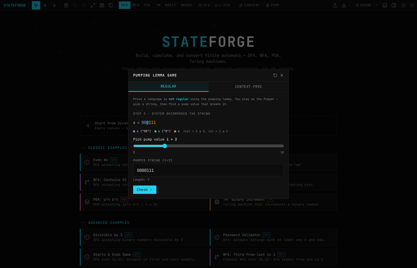 The pumping lemma game showing a decomposition of "000111" with the pump slider set to i=2, producing "0000111" which breaks the language